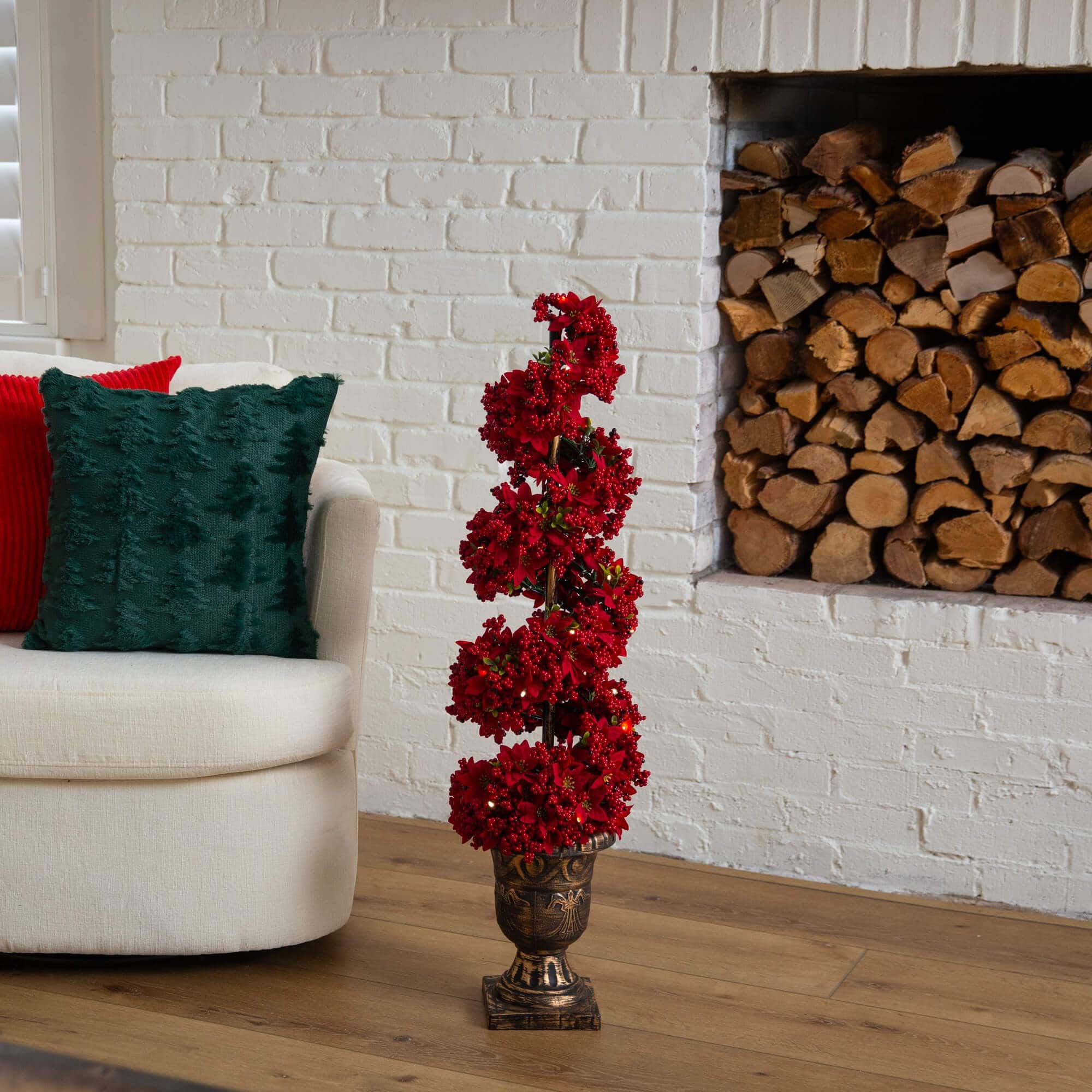 3ft. Pre-Lit Artificial Christmas Poinsettias and Berries Spiral Topiary Tree with 30 Warm White LED Lights